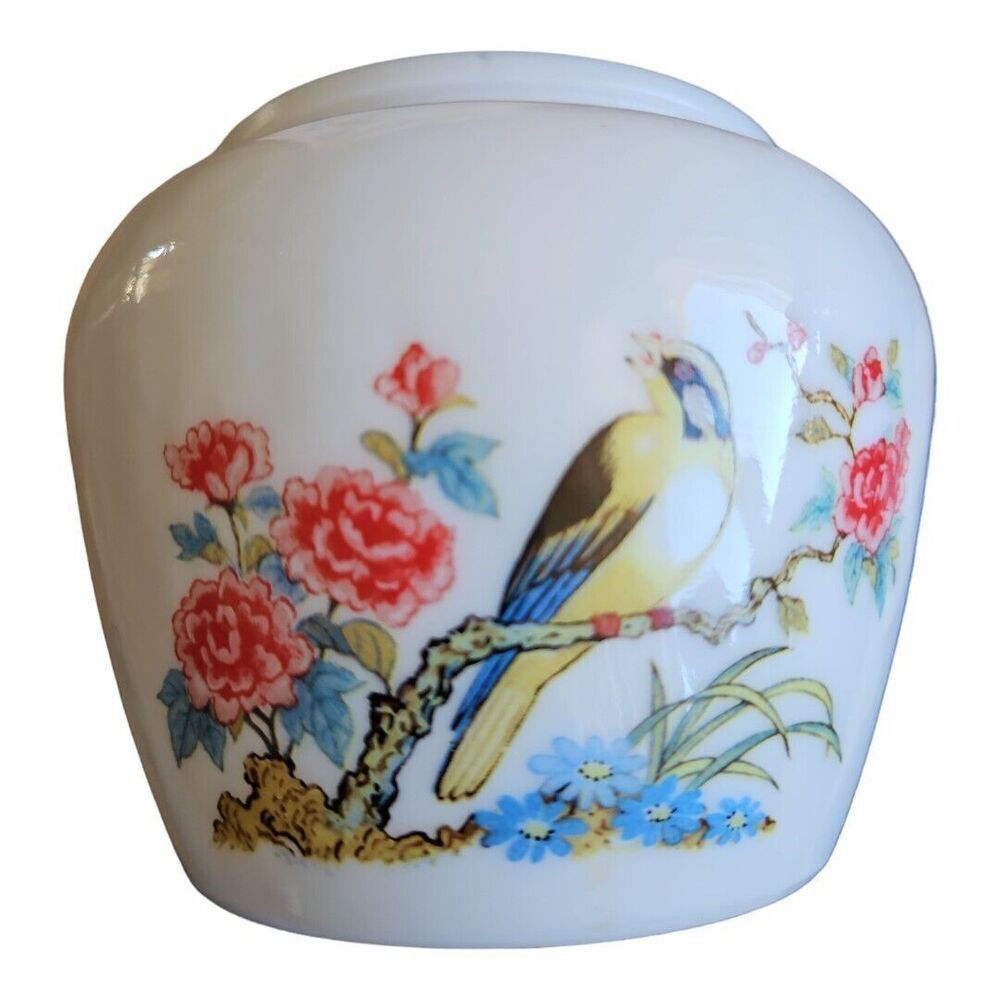 Vintage AVON Milk Glass Ginger Jar w/ Lid Oriental Bird Flower Print - Picture 3 of 11